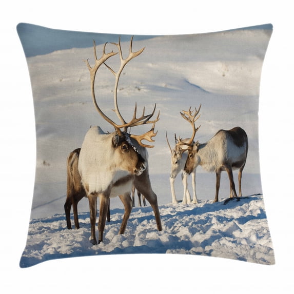 Winter Throw Pillow Cushion Cover, Reindeers Natural Environment Tromso Northern Norway Caribou Antler Wildlife, Decorative Square Accent Pillow Case, 18 X 18 Inches, Brown Ivory Blue, by Ambesonne