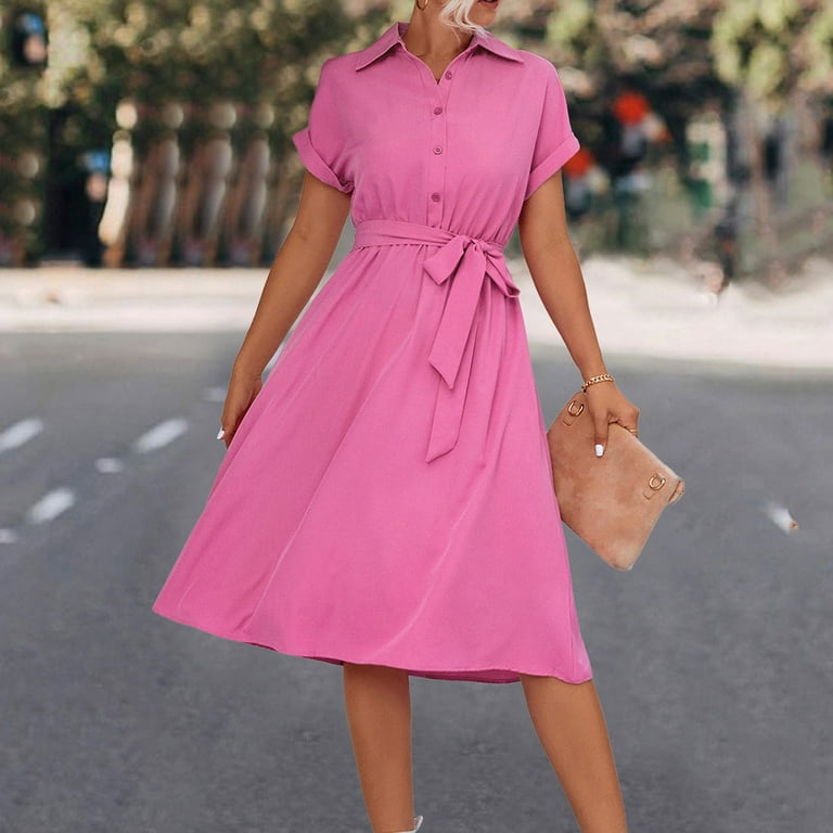 Winter Tie Waist Button Down Dress for Women Lapel Fold Sleeves A-Line  Dresses Solid Color Swing Knee Length Dress 
