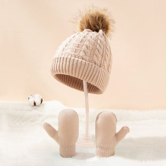 Winter Toddler Pom Beanie Hat and Mittens Gloves Set Warm Knit Fleece Lined for Boy Girl Kids
