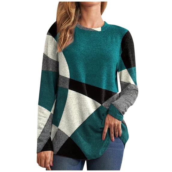 Winter Tops For Women, Work Shirts For Women Breastfeeding Shirts For Women Women's Thin Geometric Long Sleeve Print Loose Sweatshirt White Beach Blouse Women Long T Shirt(Green,Small)