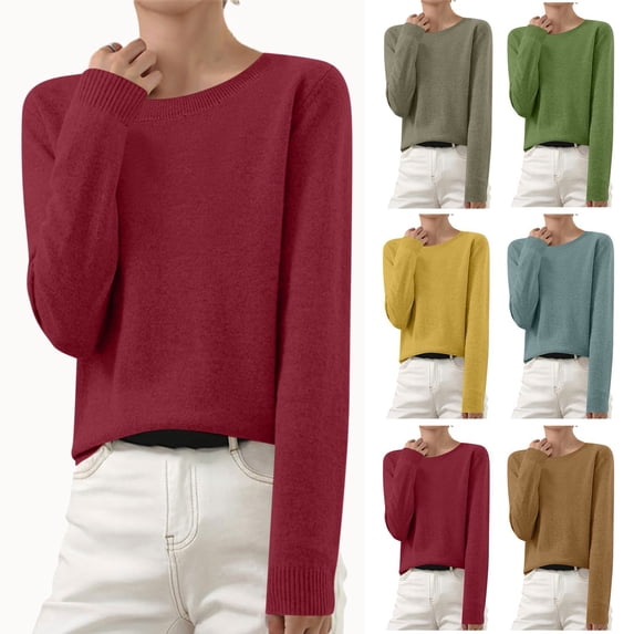 Winter Tops for Women!YABCSAZ Women's Crew Neck Long Sleeve Sweater Casual Knit Pullover Spring Solid Color Top for Daily Wear, Wine, L