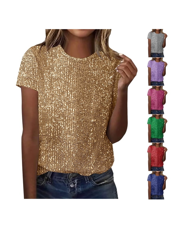 Winter Tops for Women!YABCSAZ Women's Crew Neck Short Sleeve Sequined Blouse Casual Solid Color Top Shimmer Party Shirt for Daily Wear, Gold, M