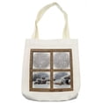thumbnail image 1 of Winter Tote Bag, Rustic Snowy Woodsy Frame Window View Print Mountain House Cold Christmas Day, Cloth Linen Reusable Bag for Shopping Books Beach and More, 16.5" X 14", Cream, by Ambesonne, 1 of 2