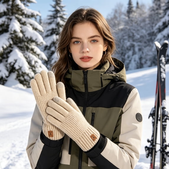 Winter Touchscreen Gloves Fleece Lined Knit for Cold Weather Skiing - Beige,1 Pair