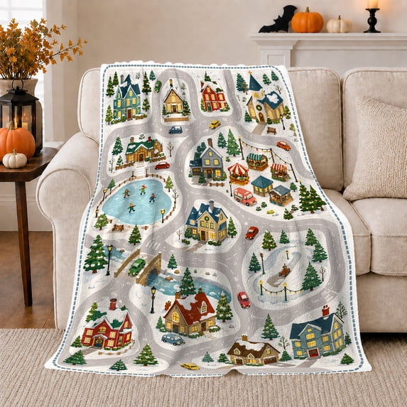 Winter Town Road Map with Snowy Houses Cars Skating Pond Market Stalls Bridge and Pines, Playful Neighborhood Art Warm Flannel Blanket for Playroom and Bedroom, Christmas Gift, Home Decor