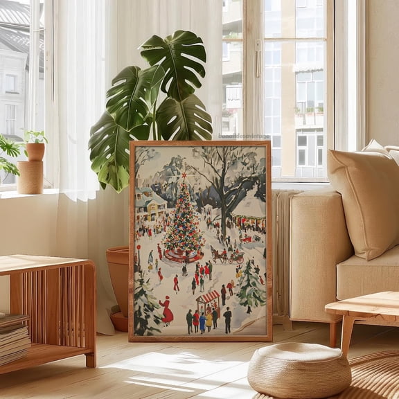 Winter Town Square Art Print: Festive Christmas Scene, 24x36 UNFRAMED