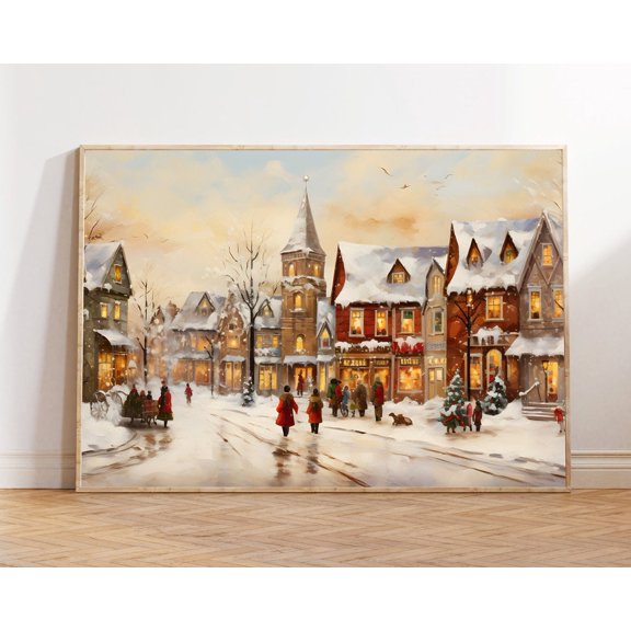 Winter Town , Wall Art, Festivehome Decor, Snowy Village Artwork Unframed Paper Print