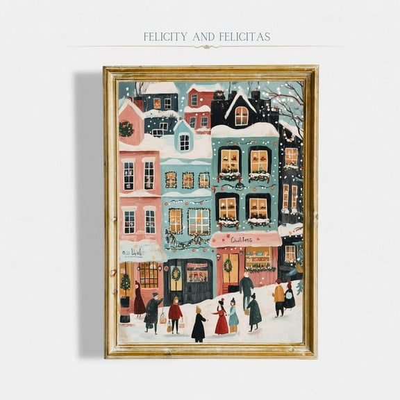 Winter Town Wall Art Retro Pastel Snowy Village Decor, Unframed Paper Print Size 8x12