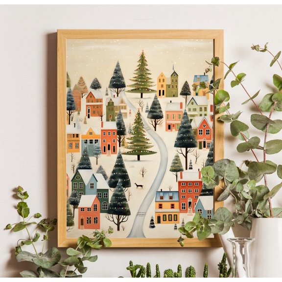 Winter Town Wall Art, Village, Houses Winter Snow Art, Colorful Houses Winter Wall Art Unframed Paper Print