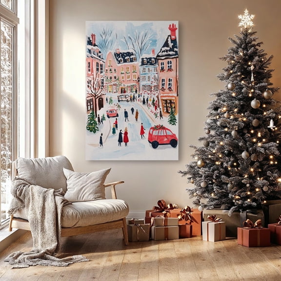 Winter Town Wall Art Winter New Year Atmosphere Poster People And Cars Poster Festive Decor Winter Gift Ready To Hang, Unframed Poster Size 8x12