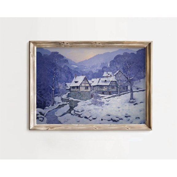 Winter Town poster, Mountain Village, Vintage Mountain Town, Farmhouse Decor, Mountain Landscape, Winter Wonderland Unframed Paper Print