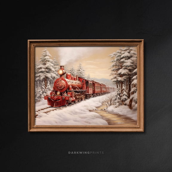 Winter Train Print, Winter Snowy Landscape Print, Vintage Snowscape Rustic Wall Art, Moody Neutral , Red Train In The Forest, G450 Home Decor #1929, 16x24 UNFRAMED