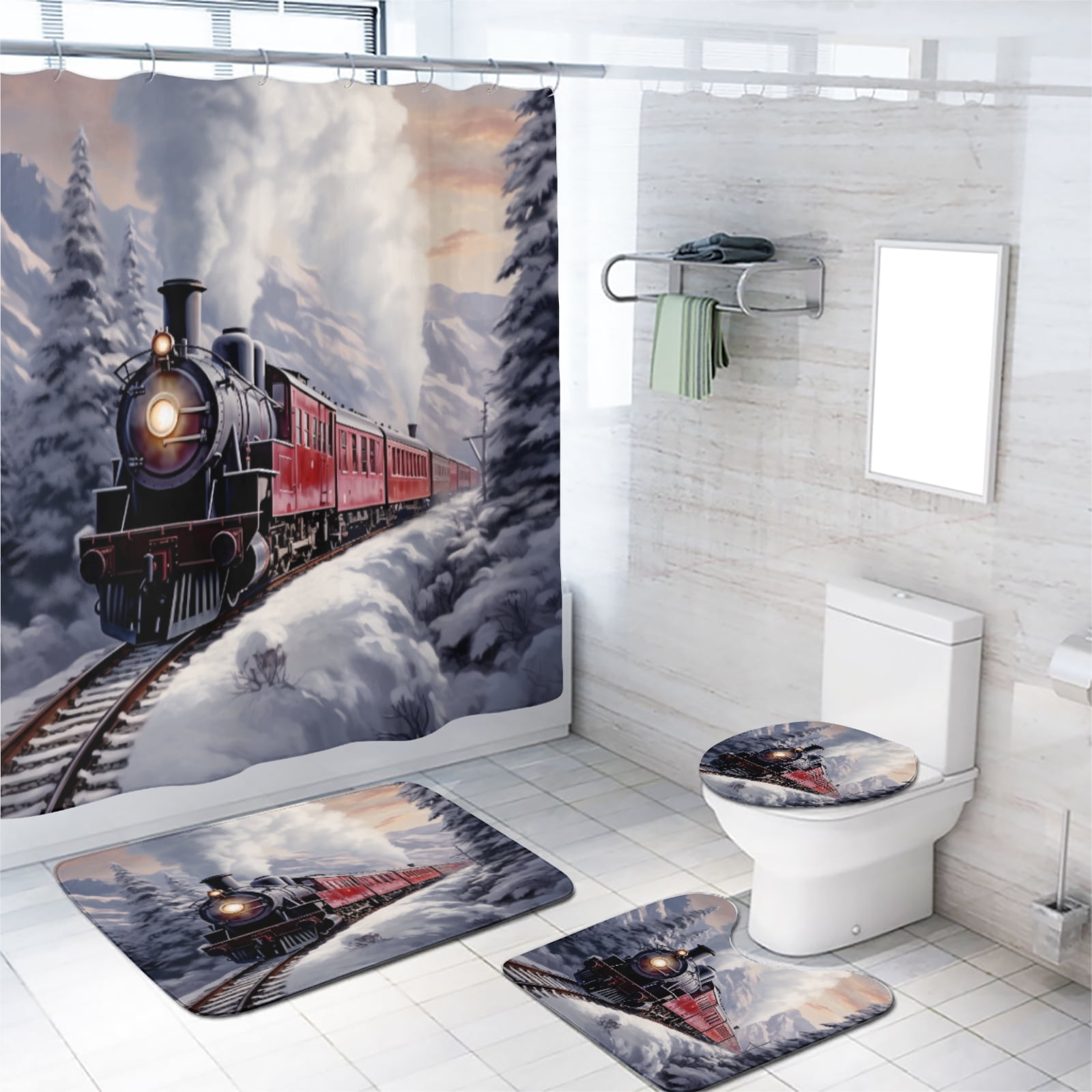 Winter Train Shower Curtain Sets with Non-Slip Rug Vintage Steam Industrial Engine Snow Forest Pine Fir Tree Bath Curtain for Bathroom Waterproof Fabric Bathroom Decor Set, 72x72 Inch