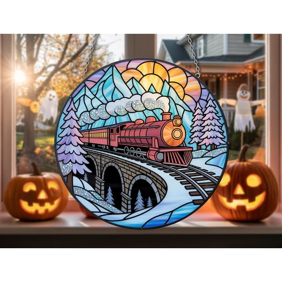 Winter Train Stained Glass Window Hanging - Christmas Train Sun Catcher for Holiday Home or Cabin Decor, Mountain Snow Scene