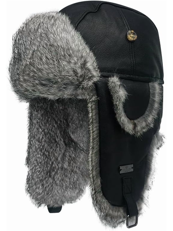 Winter Trapper Hat,Faux Rabbit Fur Knit Sheepskin Russian Trooper Aviator Hats Hunting Ski Ushanka Hat with Ear Flaps
