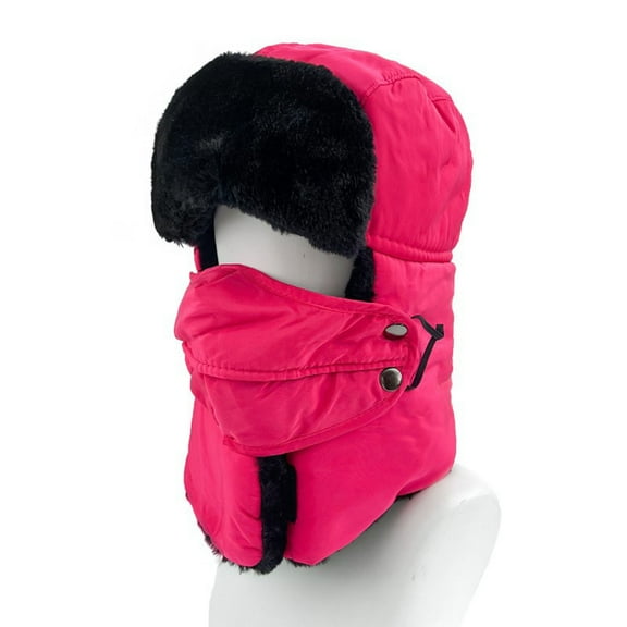 Winter Trapper Hat For Men Women With Mask Thickened Ear Protection Face Protection Cap Hot Pink