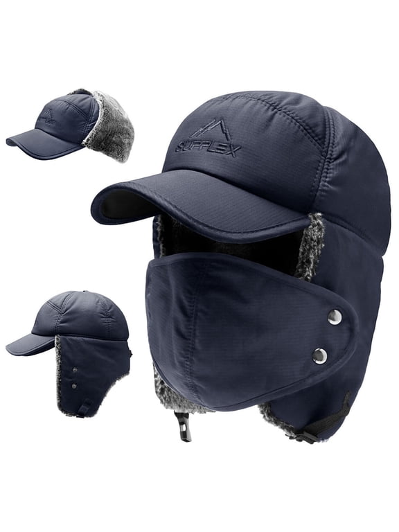 Winter Trapper Hat, IC ICLOVER Unisex Ushanka Hunting Hat Russian Trooper Ear Flap Chin Strap Hat with Windproof Mask-Keep Warm in Cold Weather-Dark Blue