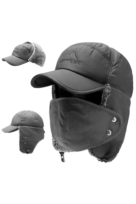 Winter Trapper Hat, IC ICLOVER Unisex Ushanka Hunting Hat Russian Trooper Ear Flap Chin Strap Hat with Windproof Mask-Keep Warm in Cold Weather-Dark Gray