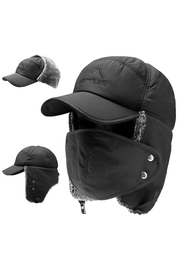 Winter Trapper Hat, IC ICLOVER Unisex Ushanka Hunting Hat Russian Trooper Ear Flap Chin Strap Hat with Windproof Mask-Keep Warm in Cold Weather-Black