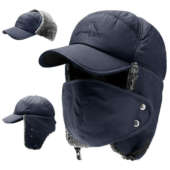 Winter Trapper Hat, IC ICLOVER Unisex Ushanka Hunting Hat Russian Trooper Ear Flap Chin Strap Hat with Windproof Mask-Keep Warm in Cold Weather-Dark Blue