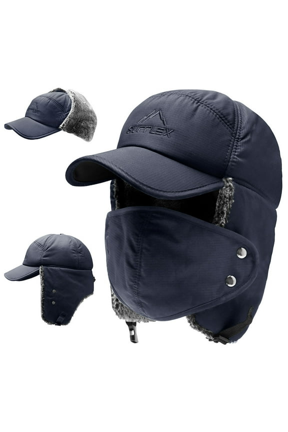 Winter Trapper Hat, IC ICLOVER Unisex Ushanka Hunting Hat Russian Trooper Ear Flap Chin Strap Hat with Windproof Mask-Keep Warm in Cold Weather-Dark Blue