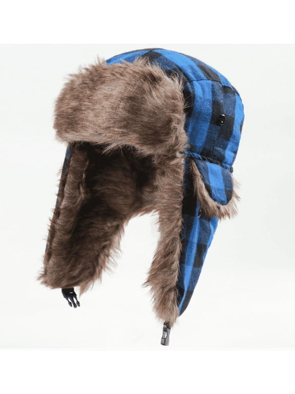 Winter Trapper Hat - Russian Ushanka Trooper Aviator Hats for Men & Women - Snow Eskimo Hat with Ear Flaps for Cold Weather (Lumberjack),Black blue