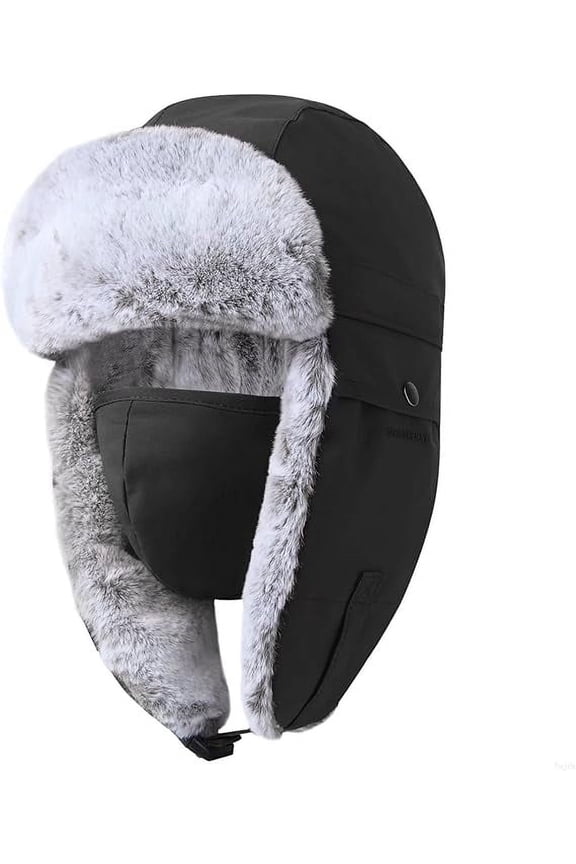 Winter Trapper Hat with Ear Flap Chin Strap and Windproof Mask Black, 62-66cm