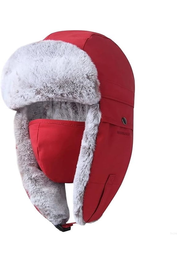 Winter Trapper Hat with Ear Flap Chin Strap and Windproof Mask Red, 58-62cm