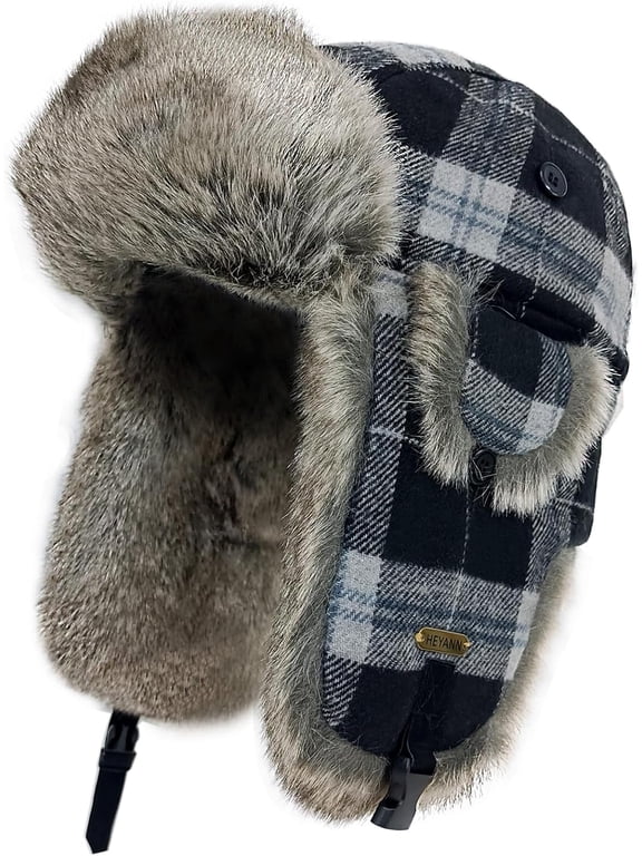 Winter Trapper Hat with Ear Flaps Plaid Russian Ushanka Aviator Hat Faux Fur Hunting Hats for Men Women(Plaid Ski Hat,L/XL)
