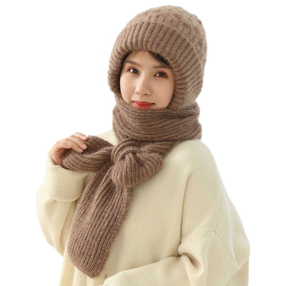 Winter Trapper HatsIntegrated Ear Protection Windproof Cap Scarf 2 In 1 Winter Warm Knitted Hat Scarf Thickening Hat Scarf