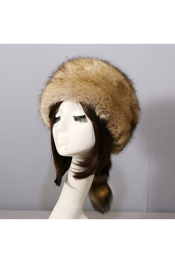 Winter Trapper HatsWomen's Faux Fur Hat Round Flat Top Hat And Winter Raccoon Tail Warm Ear Protection Hat For Women