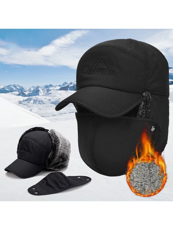 Winter Trapper Trooper Hat, IC ICLOVER Aviator Cap Windproof Thermal Russian Ushanka Bomber Pilot Hat with Ear Flap Mask Chin Strap for Men Women Hunting Outdoor Christmas Day Gift- Black