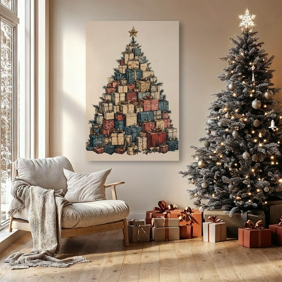 Winter Tree Of Presents Wall Art Evergreen Sprigs Poster Festive Season Poster Decor Winter Gift Ready To Hang, Unframed Poster Size 16x24