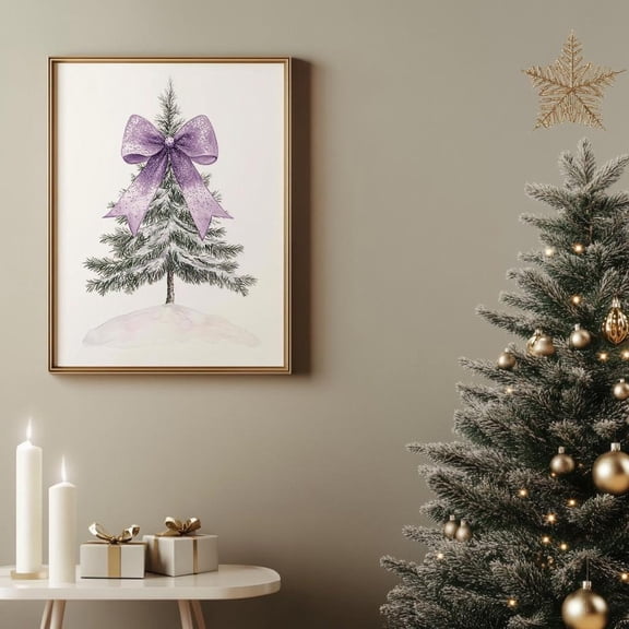 Winter Tree Poster Winter Coquette Room Decor Aesthetic Trendy Bow Wall Art Purple Winter Lilac Pine Tree Warm Present Vintage UNFRAMED Poster Size 16x24