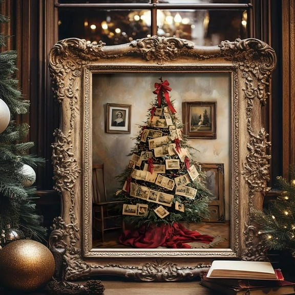 Winter Tree Wall Art, Antique Postcard Decor, Classic Festive Home Poster Warm Present Vintage UNFRAMED Poster Size 8x12