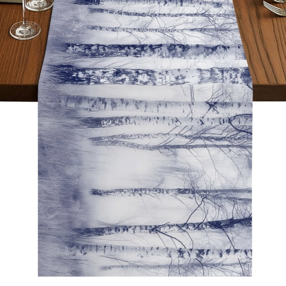Winter Trees Burlap Cotton Table Runner 13x36 Inches Short, Blue Purple Withered Birch Tree Branch Farmhouse Table Runners, Outdoor Dining Tablecloths Decor for Baby Shower/Party/Wedding