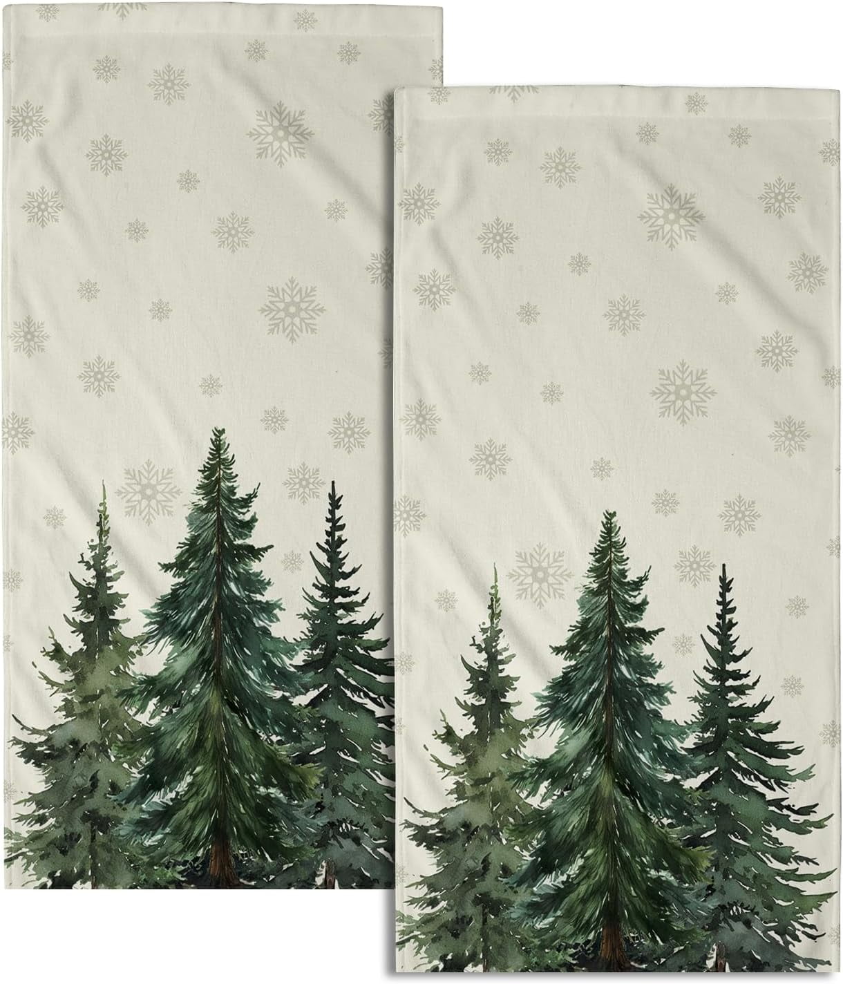 Winter Trees Hand Towels Set of 2, 28x14 Inch Nature Snow Pine Tree Xmas Beige Absorbent Microfiber Fingertip Towel Wash Cloths for Bath Kitchen Yoga Spa Face Hair