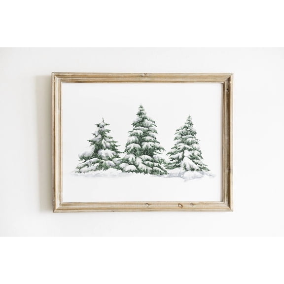 Winter Trees Poster Winter Tree Snow Covered Pine Tree Wall Art Seasonal Farmhouse Decor, Warm Present Vintage UNFRAMED Poster Size 8x12