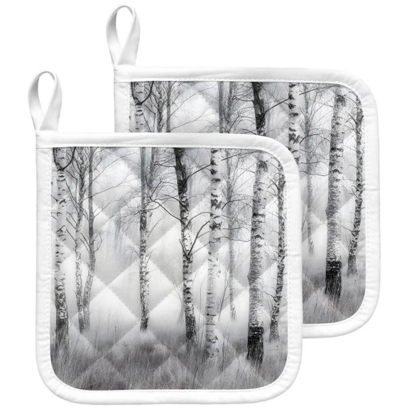Winter Trees Pot Holders for Kitchen Heatproof Potholder, 2 Pack White Gray Withered Birch Tree Branch Hot Pads Multipurpose Oven Pads Terry Cloth Potholders Trivet for Cooking and Baking