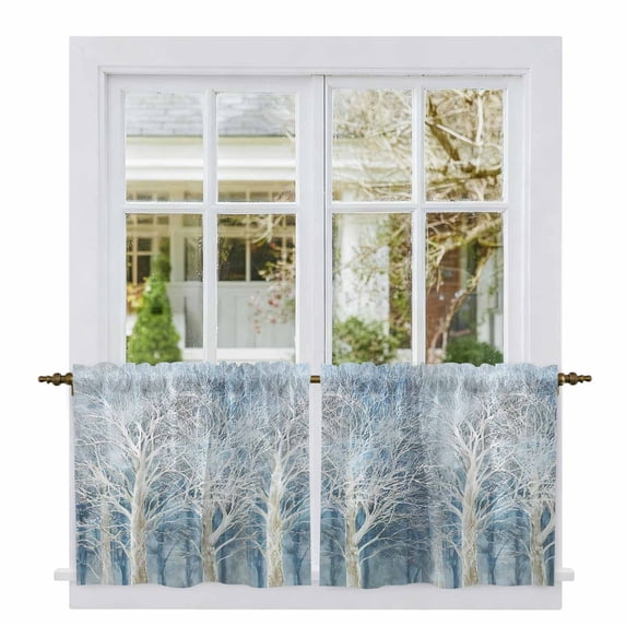 Winter Trees Tier Curtains 36 Inch Length, Forest Artistic Abstract Frosted Trees Cafe Short Curtains for Bathroom Over Sink, Small Kitchen Curtain Light Filtering Tiered Drapes 2 Panels 27.5"Wx36"L