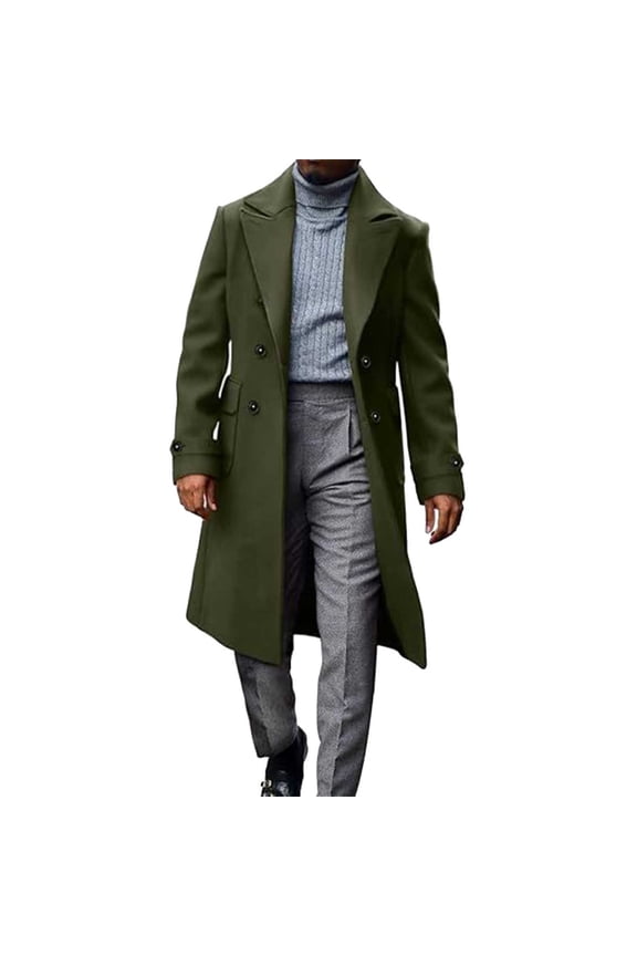 Winter Trench Coat Men Formal Business Notch Lapel Double Breasted Casual Wool Blend Peacoat