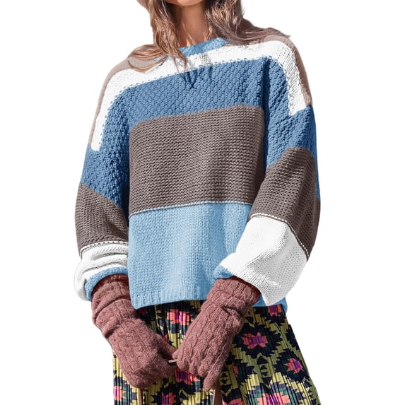 Winter Trendy Womens Color Block Cropped Sweaters Casual Oversized Y2k Going Out Striped Pullover Tops