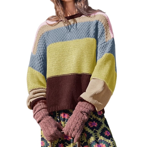 Winter Trendy Womens Color Block Cropped Sweaters Casual Oversized Y2k Going Out Striped Pullover Tops