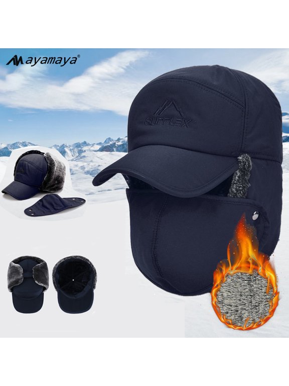 Winter Trooper Trapper Hat, Warm Russian Hats with Ear Flaps and Removable Facemask Hunting Ski Aviator Outdoor Windproof Cotton Polyamide Caps for Men and Women Adjustable Size(Blue)
