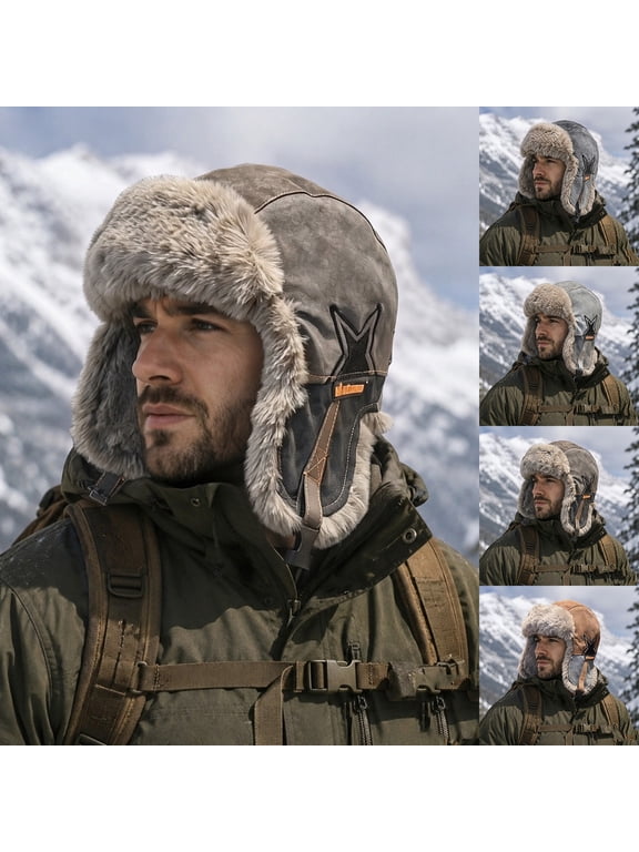 Winter Trooper Trapper Hat for Men, Warm Fuzzy Faux Furs & Suede Hat with Earflaps Ski Outdoor Snow Cap, One Size