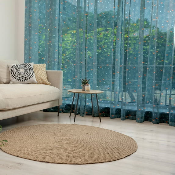 Winter Tulle Curtains with Rod Pocket, Orange Birds on Leafless Tree Branches Snowy Woods Nature, Sheer Drape for Wedding Party 2 Panels, 7 Sizes, Petrol Blue Orange White, by Ambesonne