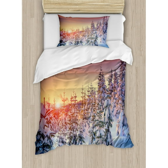Winter Twin Size Duvet Cover Set, Snowy Landscape at Gloomy Sunrise Scenery in Mountain Forest Serene Nature Photo, Decorative 2 Piece Bedding Set with 1 Pillow Sham, White Red, by Ambesonne