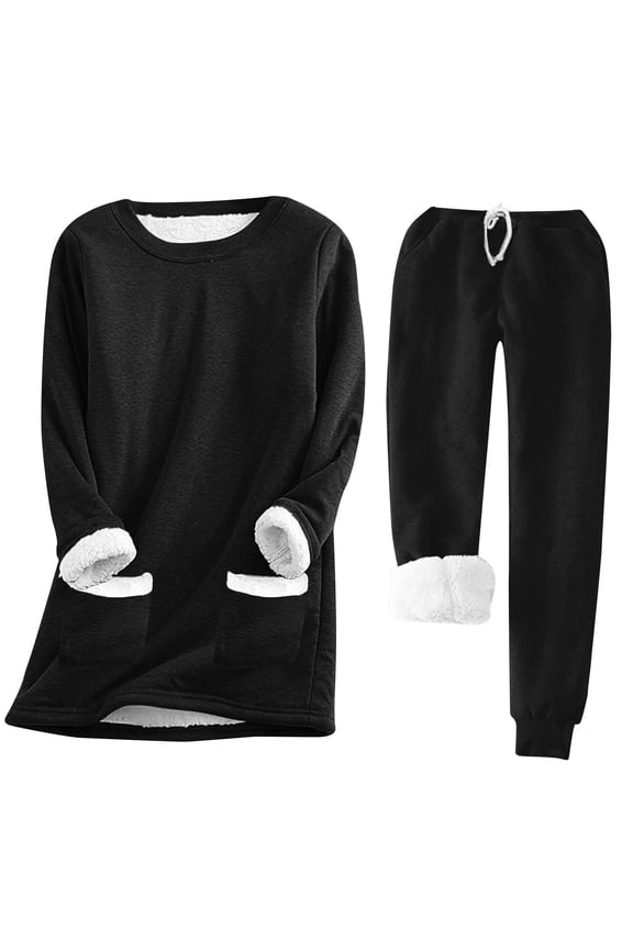 Winter Two Piece Pants Sets for Women Fleece Lined Long Sleeve Crew Neck Pullover Sweatshirts Elastic Waist Pants Suit Joggers Set with Pockets Black