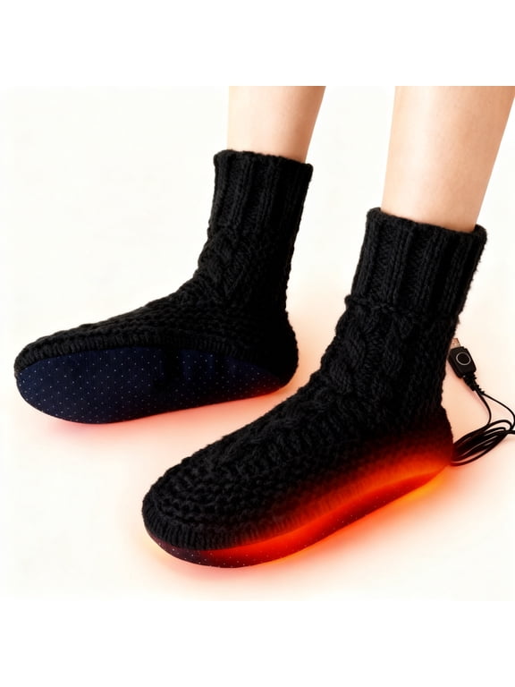 Winter USB Heating Pad Knitted Socks, Electric Heated Fleece Socks Slippers for Men Women, Foot Heater Anti-Slip Thermal Home Indoor Slippers Footwear Foot Warmer Rechargeable
