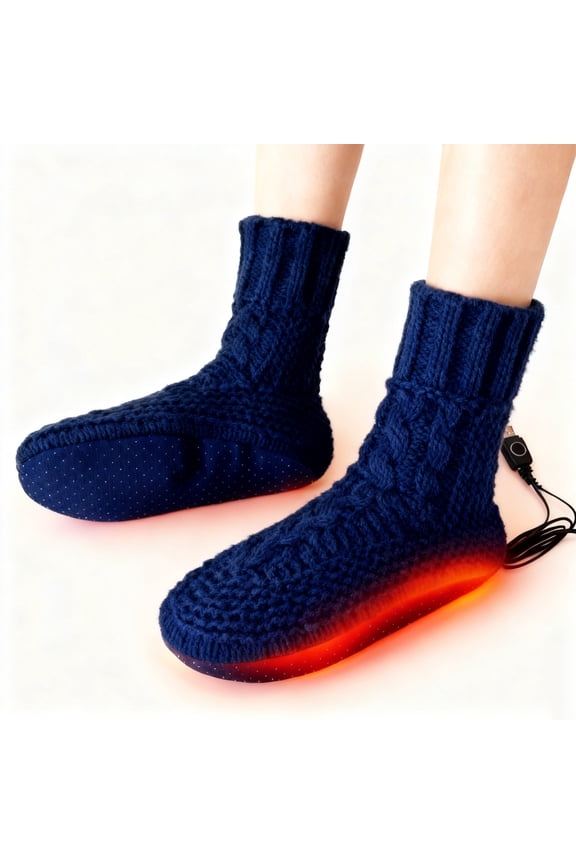 Winter USB Heating Pad Knitted Socks, Electric Heated Fleece Socks Slippers for Men Women, Foot Heater Anti-Slip Thermal Home Indoor Slippers Footwear Foot Warmer Rechargeable